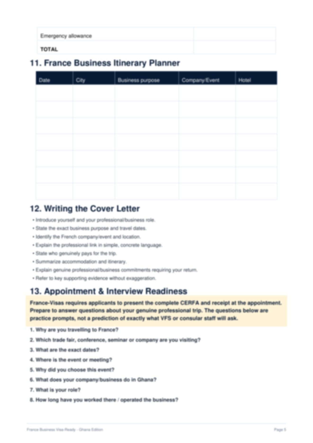 A German business itinerary planner worksheet page with printed text sections for emergency allowance, totals, flight details, cover letter writing, and appointment interview readiness on a white background.